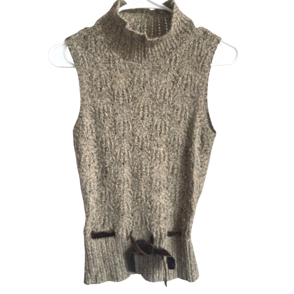 Ann Taylor Mock Neck Sleeveless Sweater Vest Brown Tan Marled Knit Tie Detail XS